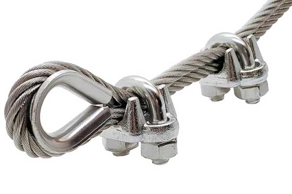 Stainless steel wire rope clips attached to a wire rope