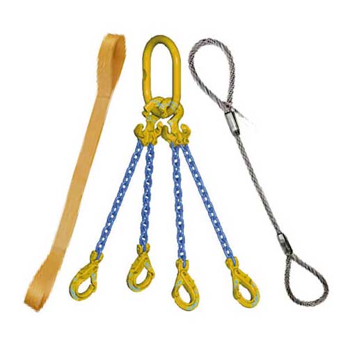 A collection of different types of sling hooks used in rigging