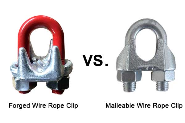A forged wire rope clip next to a malleable wire rope clip