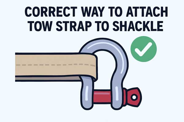A diagram showing the correct way to attach a tow strap to a shackle.