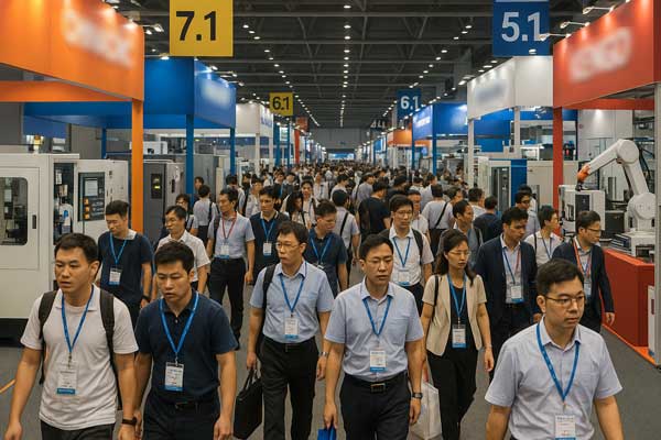 A busy aisle at an industrial trade show like the Canton Fair