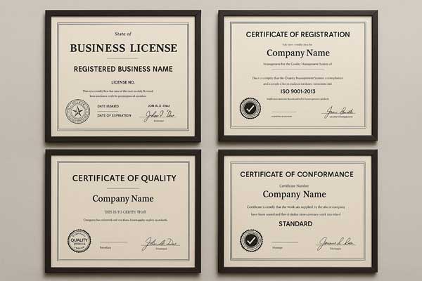 A collection of business licenses and quality certificates