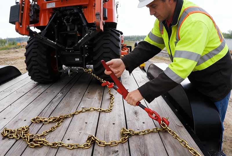 A close-up of a ratchet load binder mechanism in use