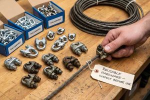 An assortment of new and used wire rope clips