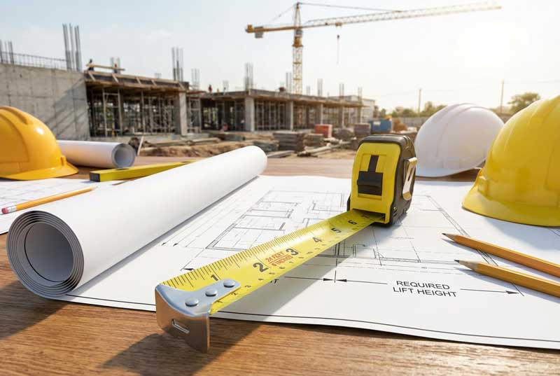 Measuring tape showing the required lift height on a construction site plan