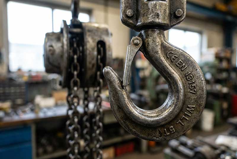 Close-up on the safety latch of a chain block hook with a certification mark visible