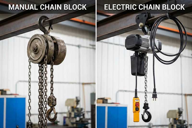 Side-by-side comparison of a manual chain block and an electric chain block
