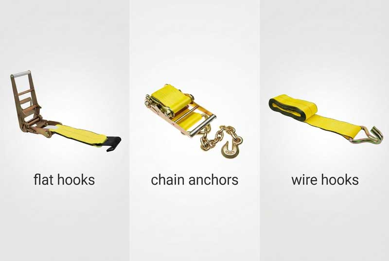 Close-up of different ratchet strap end fittings like flat hooks, wire hooks, and chain anchors