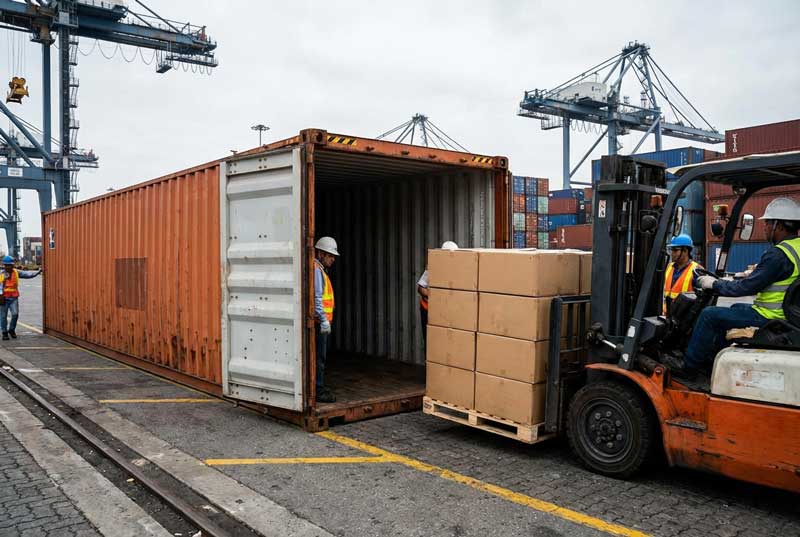 A shipping container being loaded with boxes from UU LIFTING
