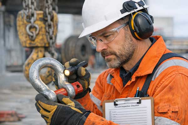 A worker performing a pre-lift visual inspection on a shackle