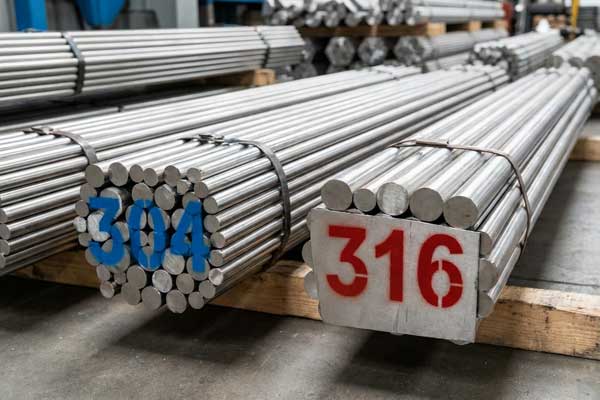 Stainless steel raw material bars labeled 304 and 316