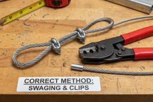 Swaging tool and wire rope clips are the correct methods