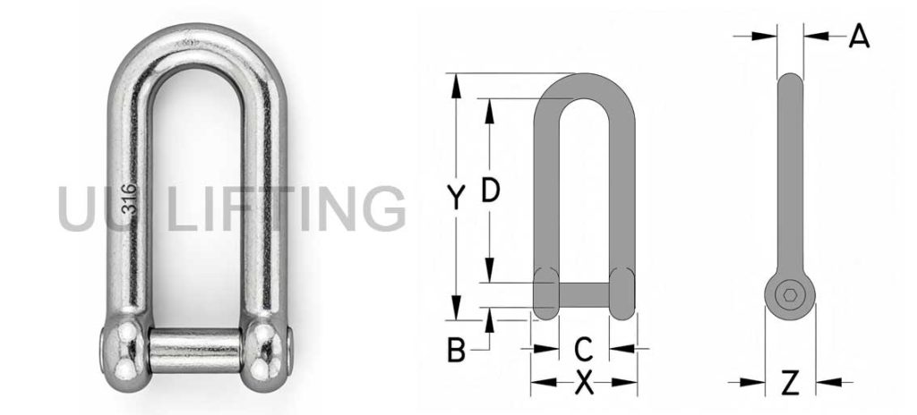 Stainless Steel Long D Shackle with No Snag Pin Sizes