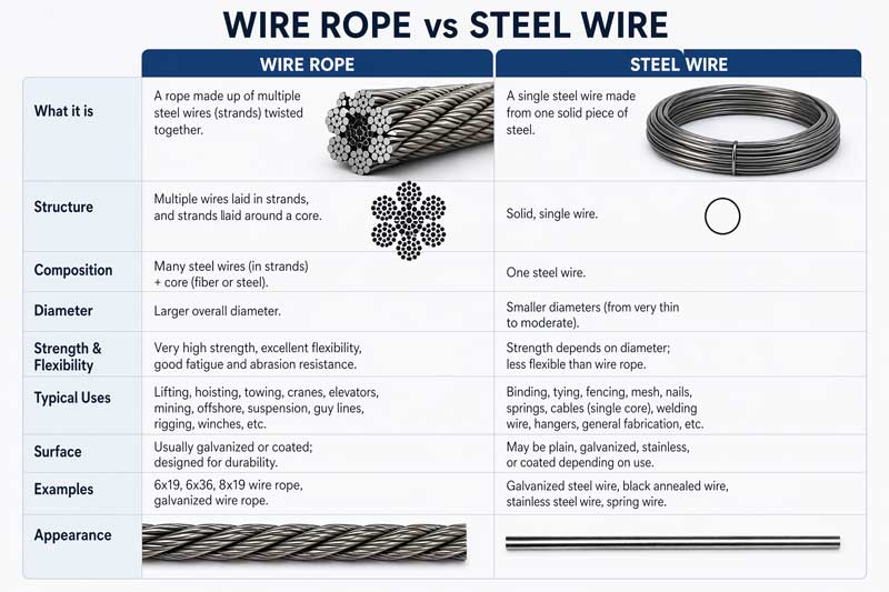 Difference between wire rope and steel wire